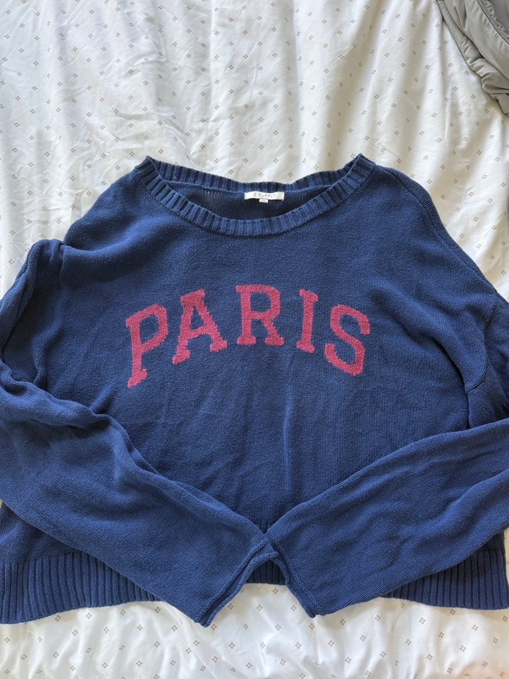Women's Blue 'Paris' Pullover Sweater with Pink Lettering